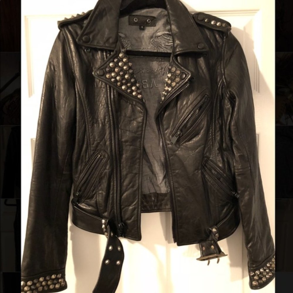 Robins jeans black custom studded leather jacket